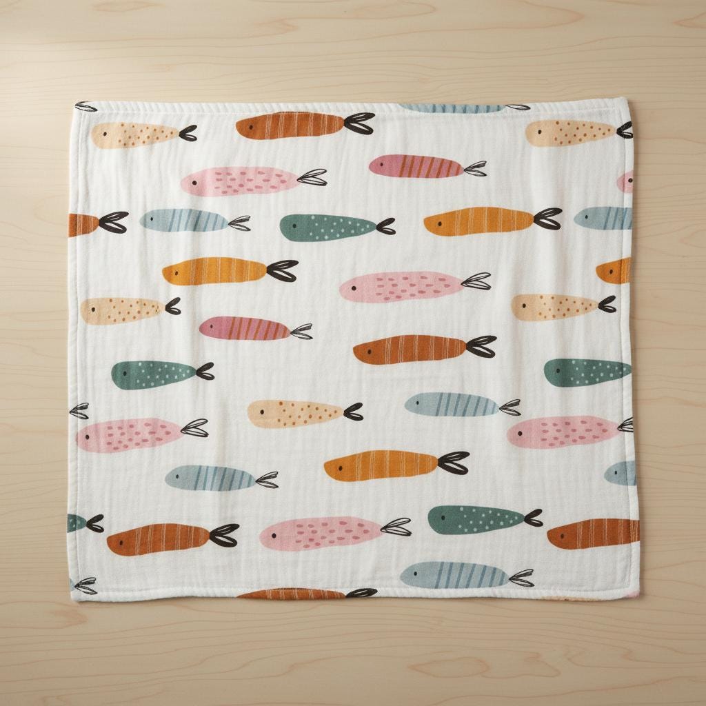 A square muslin cloth featuring a repeating pattern of small fish in various colours including orange, pink, teal, and light blue. The fish are illustrated with simple lines and dots on a white background, creating a consistent design.