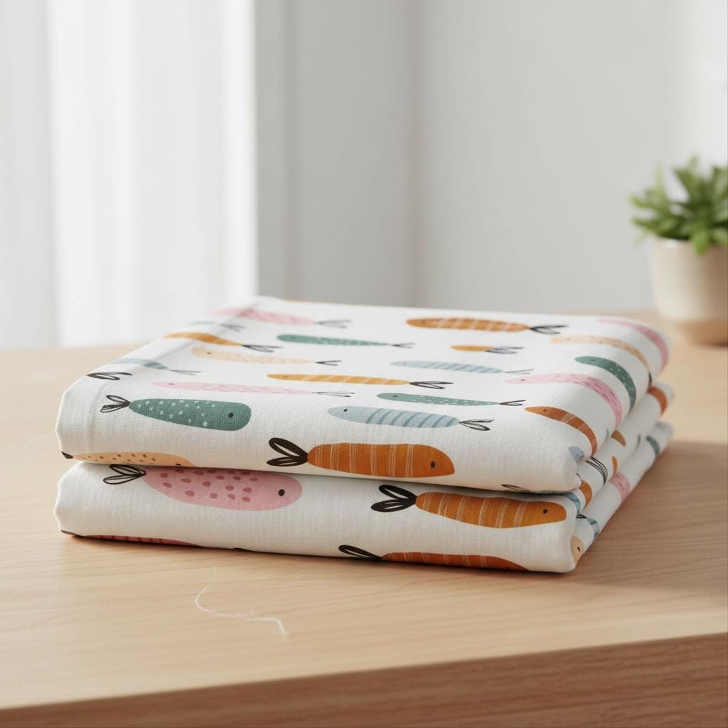 A folded white fabric blanket featuring a repeating pattern of stylised fish in various colours including orange, pink, teal, and light blue. Each fish has a simple black outline, a small black eye, and a distinct tail fin design.