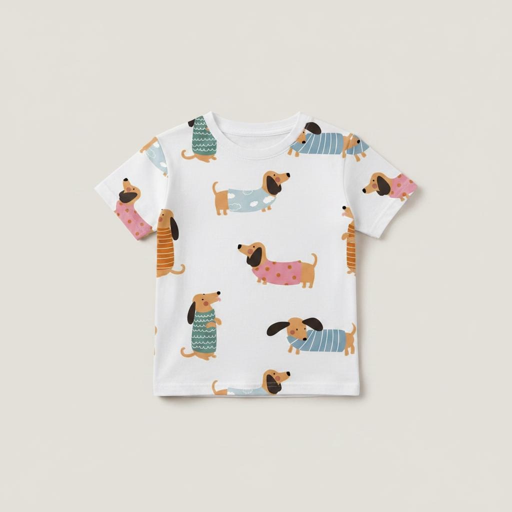 A white short-sleeve t-shirt featuring an all-over print of brown dachshund dogs wearing various colourful jumpers with patterns including stripes, polka dots, and solid colours. The dogs are depicted in different poses across the fabric.