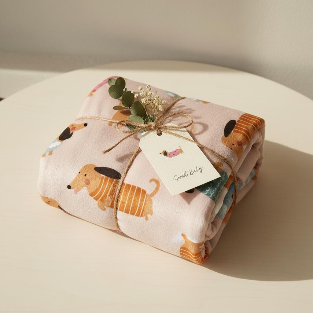 A folded light pink blanket featuring a repeating pattern of brown dachshund dogs. The blanket is tied with brown twine and decorated with a small sprig of greenery and a white gift tag that says Sweet Baby with a small dog icon.