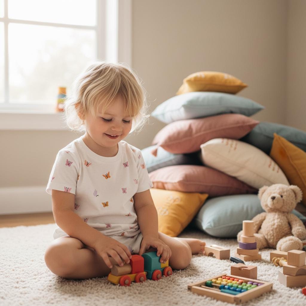 A white short-sleeved t-shirt with a repeating pattern of small colourful butterflies, paired with matching shorts. The garment features a crew neckline and a lightweight fabric construction, worn while playing with a wooden toy train set.