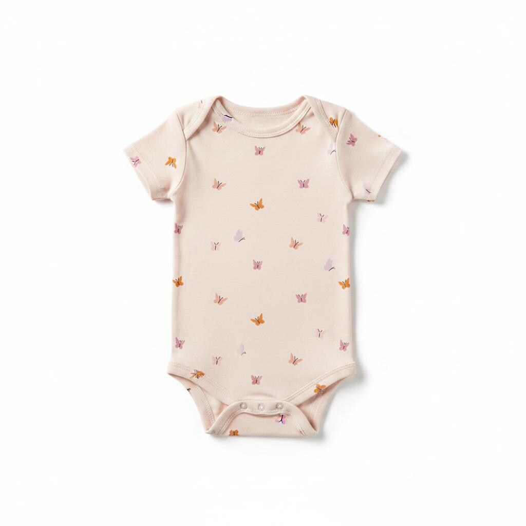A light pink short-sleeved baby bodysuit featuring an all-over print of small butterflies in shades of orange, purple, and pink. The garment has a round neckline, short sleeves, and three snap closures at the bottom crotch area.