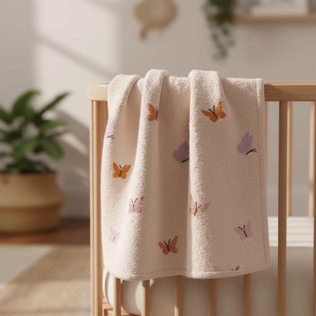 A cream-coloured baby blanket featuring a repeating pattern of small butterflies in shades of orange, pink, and purple. The blanket is draped over the wooden slats of a cot, showcasing a soft, textured fabric with a simple hemmed edge.