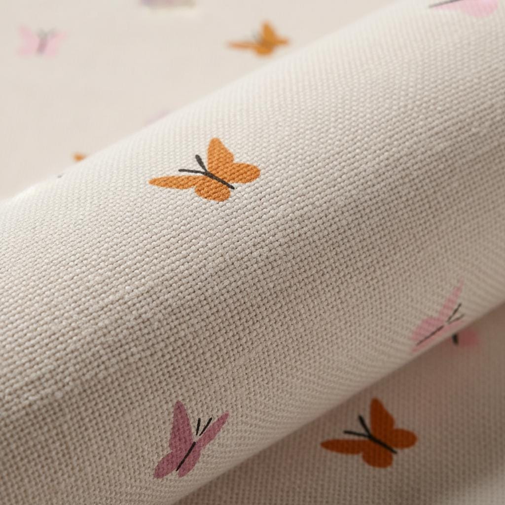 A roll of beige fabric featuring a repeating pattern of small butterflies in shades of orange and pink. The textile has a visible woven texture and the butterfly motifs are distributed evenly across the light-coloured surface.
