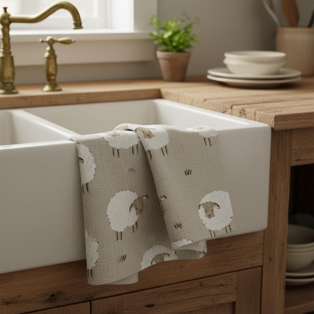A beige kitchen towel featuring a repeating pattern of white sheep with brown faces and small tufts of green grass. The towel is draped over the edge of a white farmhouse sink, displaying a textured fabric surface with a soft, matte finish.