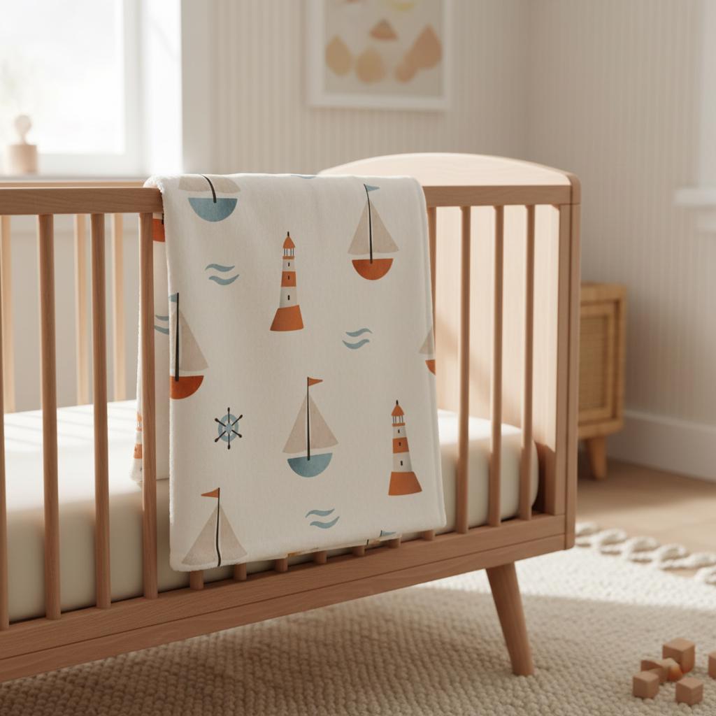 A cream-coloured baby blanket featuring a repeating nautical pattern of sailboats, lighthouses, ship wheels, and small waves in shades of terracotta orange, muted blue, and beige, draped over the side of a wooden cot.