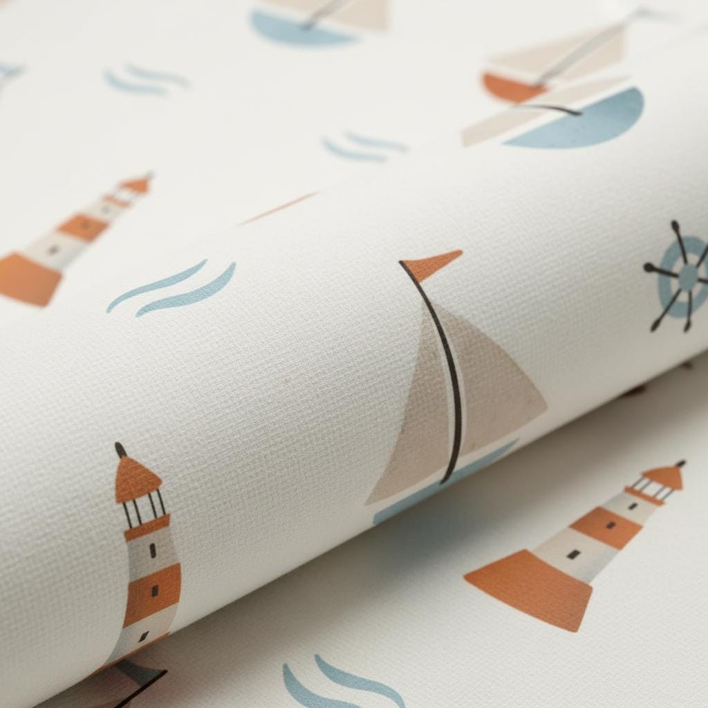 Close-up of curled fabric printed with the Nautical Sailboat pattern of red-striped lighthouses, sailboats and ship wheels on cream.
