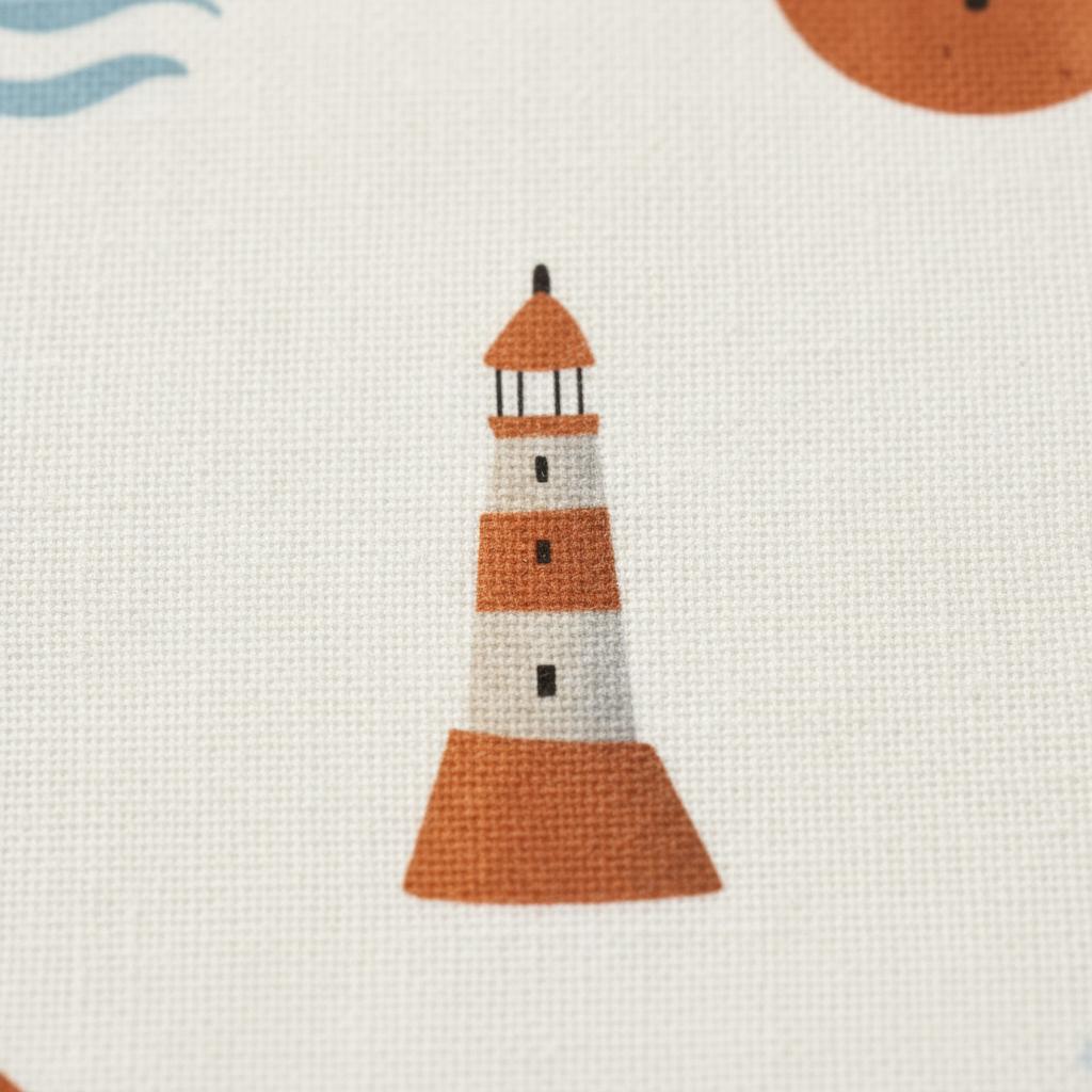 A white fabric featuring a repeating pattern of a lighthouse with a rust-orange roof, base, and middle stripe, interspersed with light blue wave shapes and solid rust-orange circles on a textured, woven textile surface.