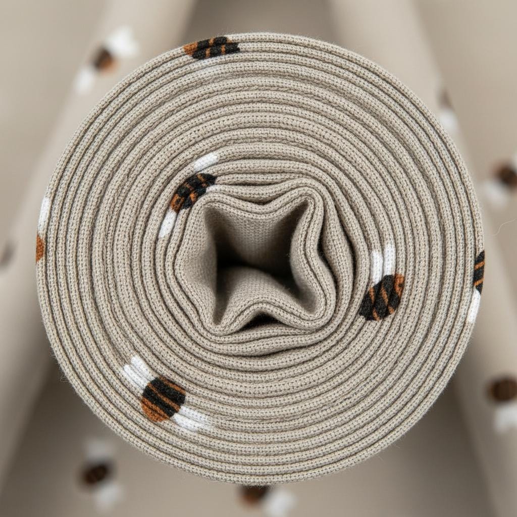 A tightly rolled bolt of light beige fabric featuring a repeating pattern of small, stylised bees. The bees are rendered in brown and black stripes with white wings. The fabric has a visible ribbed texture throughout the entire roll.