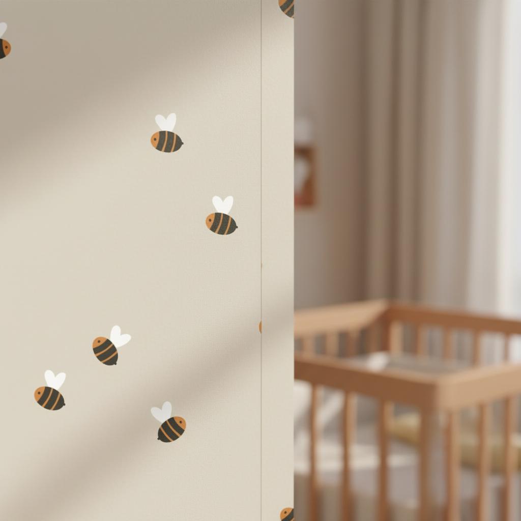 A light beige wall surface featuring a repeating pattern of small, stylised bees. Each bee is depicted with a brown and black striped body, a solid brown head, and two white wings, arranged in a scattered layout across the flat surface.
