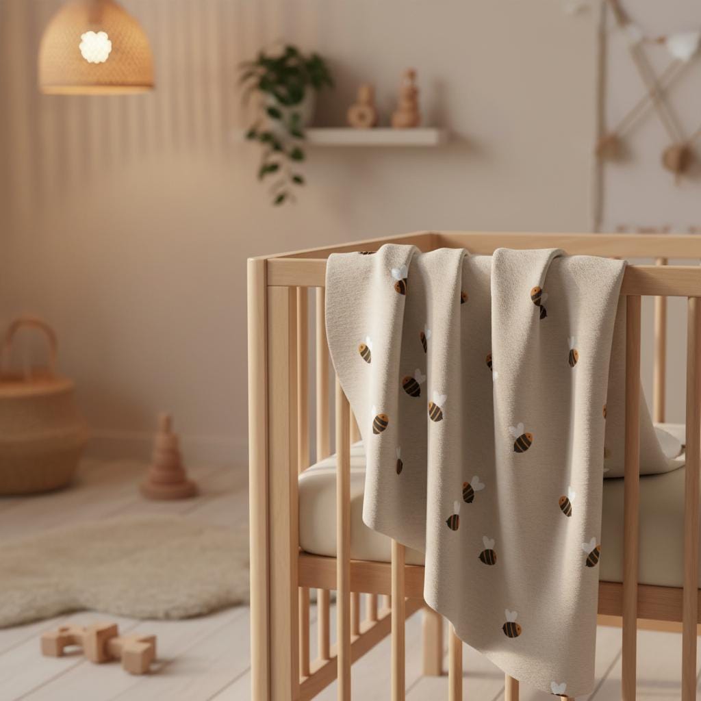A light beige knit baby blanket featuring a repeating pattern of small brown and black bees with white wings. The blanket is draped over the wooden slats of a light-coloured cot, showcasing a soft texture and a simple, clean design.