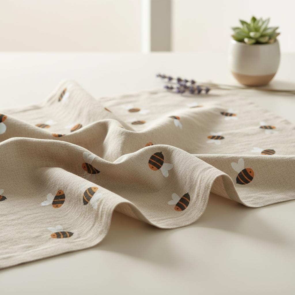 Beige linen tablecloth printed with the Bee pattern, styled on a table with a small succulent and lavender.