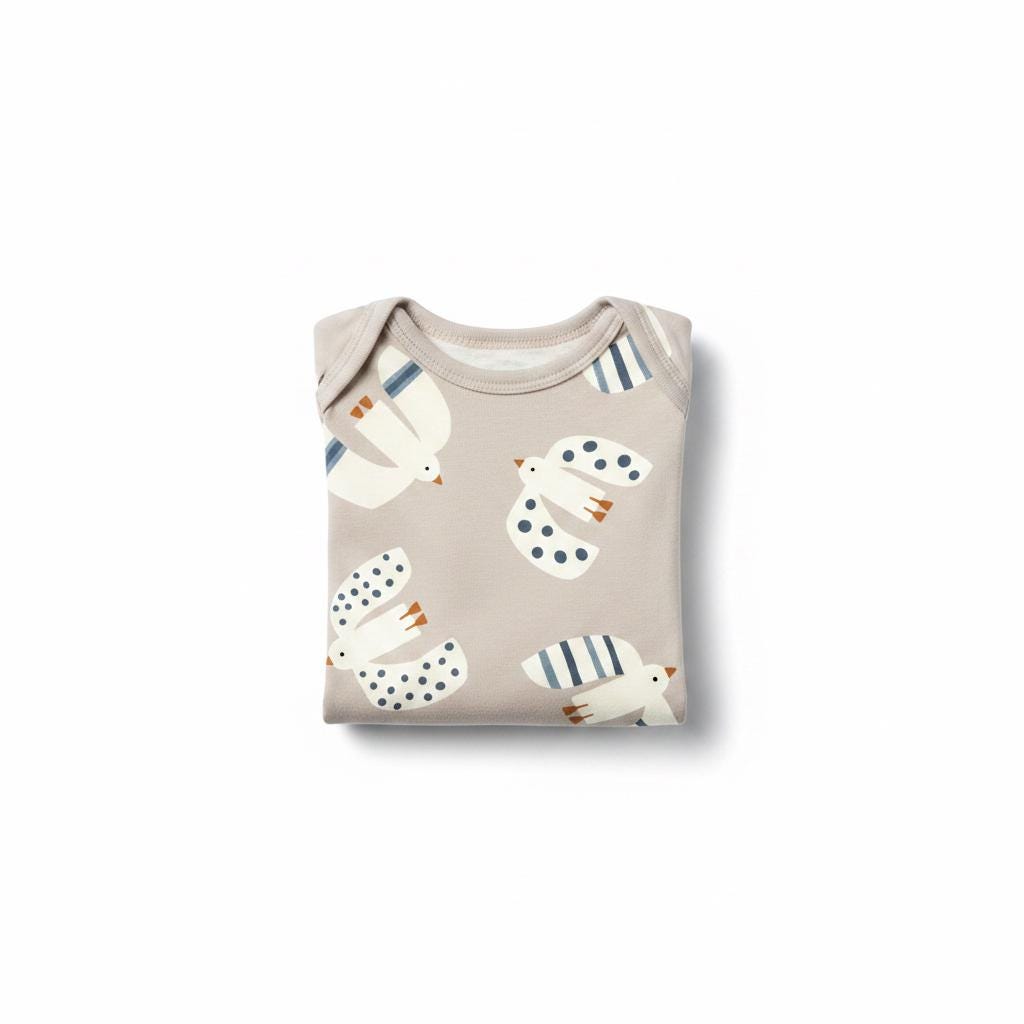 Folded taupe children's T-shirt printed with the Seagull pattern of white gulls with navy stripes and dots.