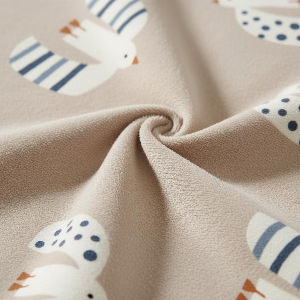 Close-up of soft taupe fabric swirled to show the Seagull pattern of white seagulls with blue stripes and spots.