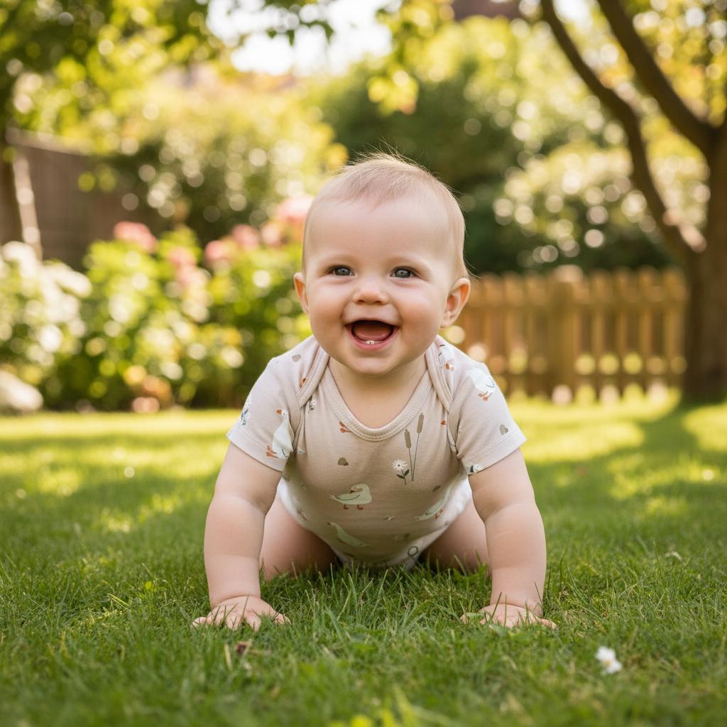 A light beige short-sleeved baby bodysuit featuring a repeating pattern of white geese and brown cattail plants. The garment has a round neckline and is constructed with a snap-button closure at the bottom for easy access.