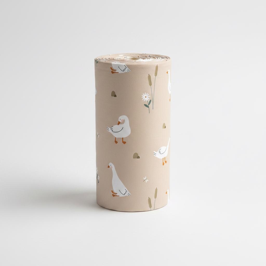 A cylindrical roll of light beige fabric featuring a repeating pattern of white geese with orange beaks and feet, interspersed with small white flowers, green reeds, and tiny brown stones scattered across the surface.