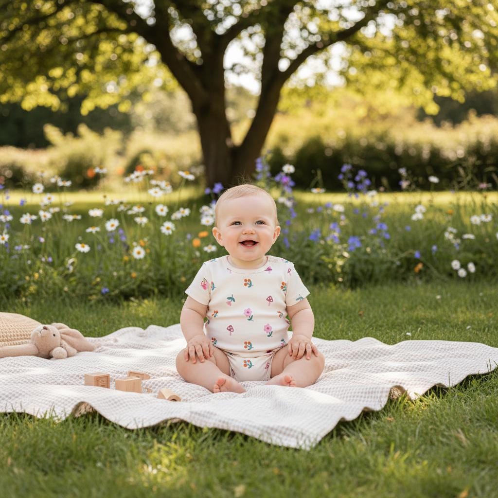 A short-sleeved baby bodysuit in an off-white colour featuring a repeating pattern of small, colourful flowers and mushrooms. The garment has a round neckline and snap closures at the bottom, designed for an infant to wear comfortably.
