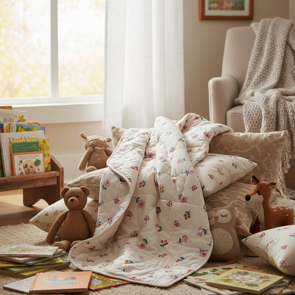 A cream-coloured quilted blanket featuring a repeating pattern of small pink flowers, red mushrooms, and green leaves. The blanket is draped over several pillows and surrounded by plush toys including a brown bear, a deer, and an owl.