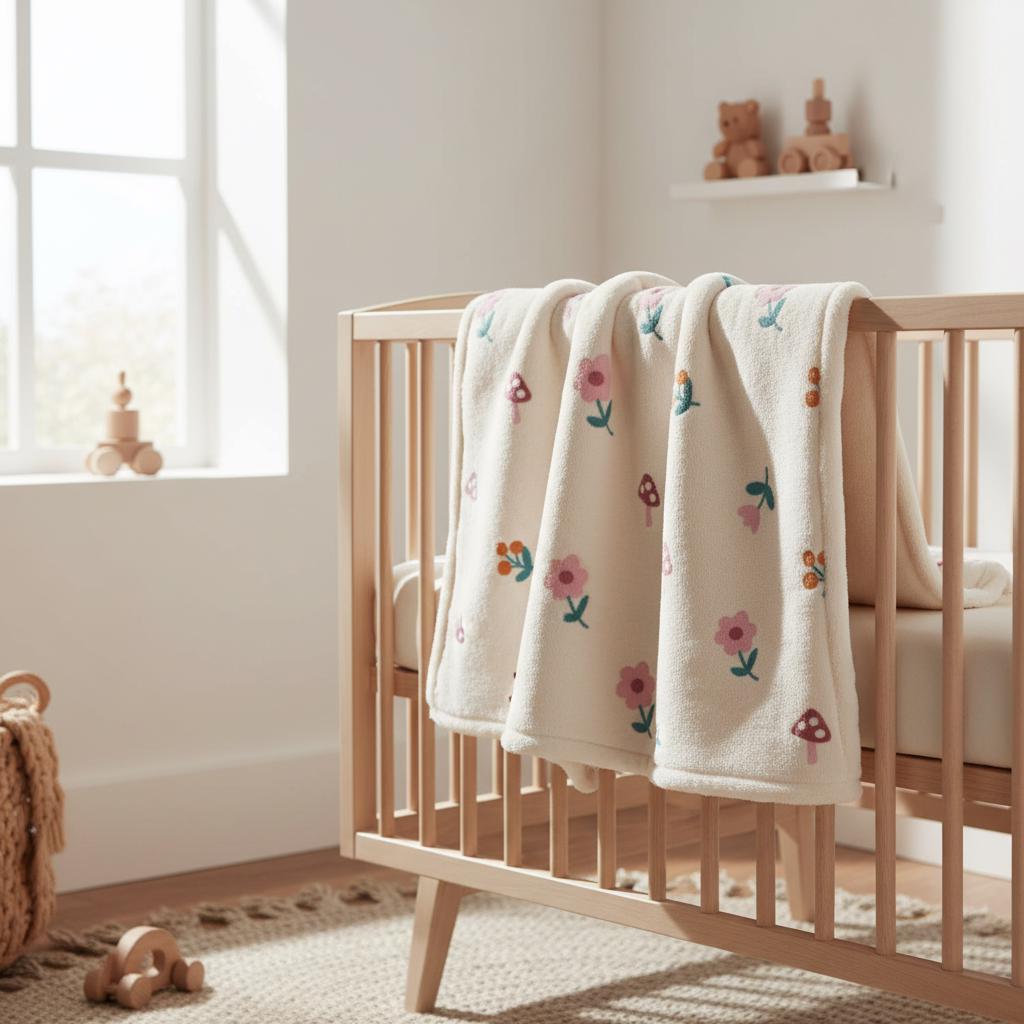 A cream-coloured baby blanket featuring a repeating pattern of small pink flowers, brown mushrooms, and orange berries, draped over the side of a light-toned wooden cot in a bright room with a window and a shelf with wooden toys.
