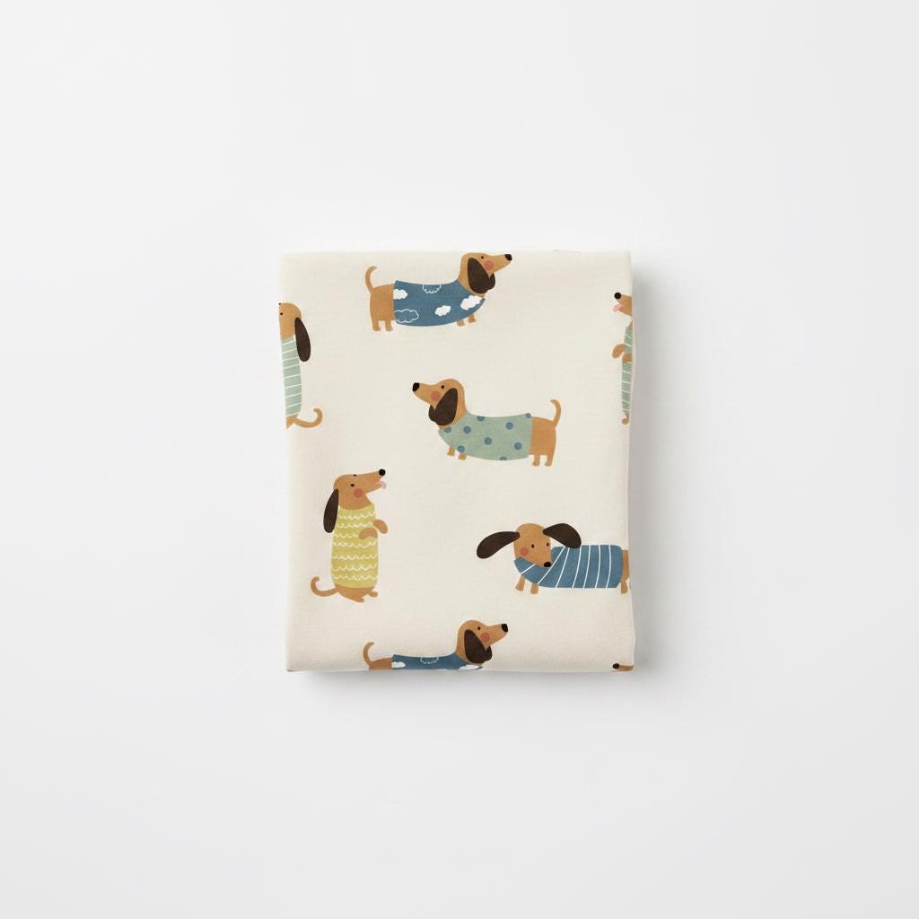 A cream-coloured fabric featuring a repeating pattern of brown dachshunds wearing various jumpers. The dogs are depicted in different poses, including standing and sitting, dressed in blue, green, and yellow knit-style garments.
