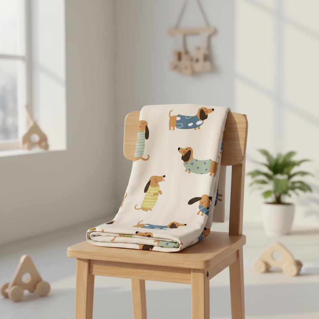 A cream-coloured throw blanket featuring a repeating pattern of brown dachshund dogs wearing various jumpers and shirts in shades of blue, green, and yellow. The blanket is folded and draped over the back of a light-toned wooden chair.