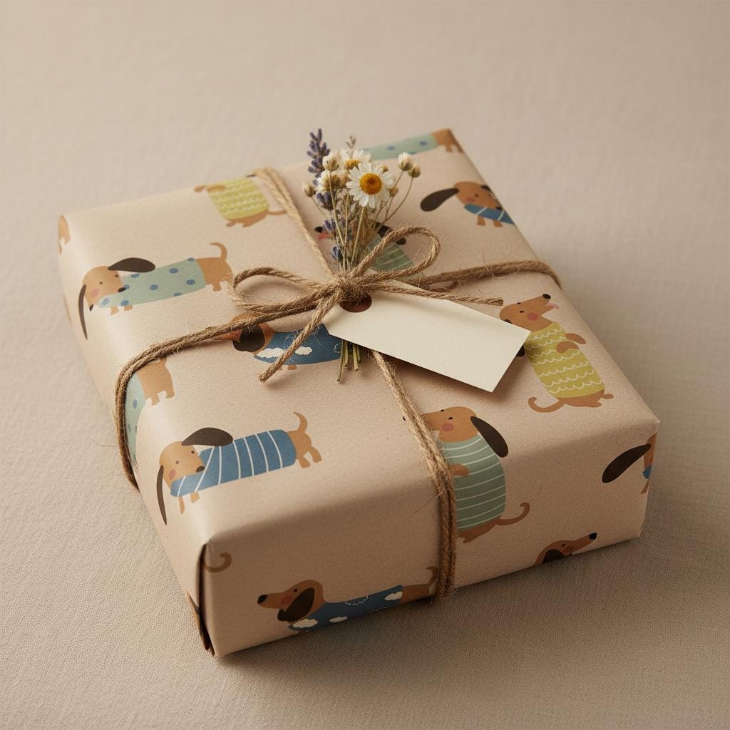 A square gift box wrapped in beige paper featuring a repeating pattern of brown dachshunds wearing colourful sweaters. The package is tied with brown twine, decorated with a small bouquet of dried flowers, and includes a blank white tag.