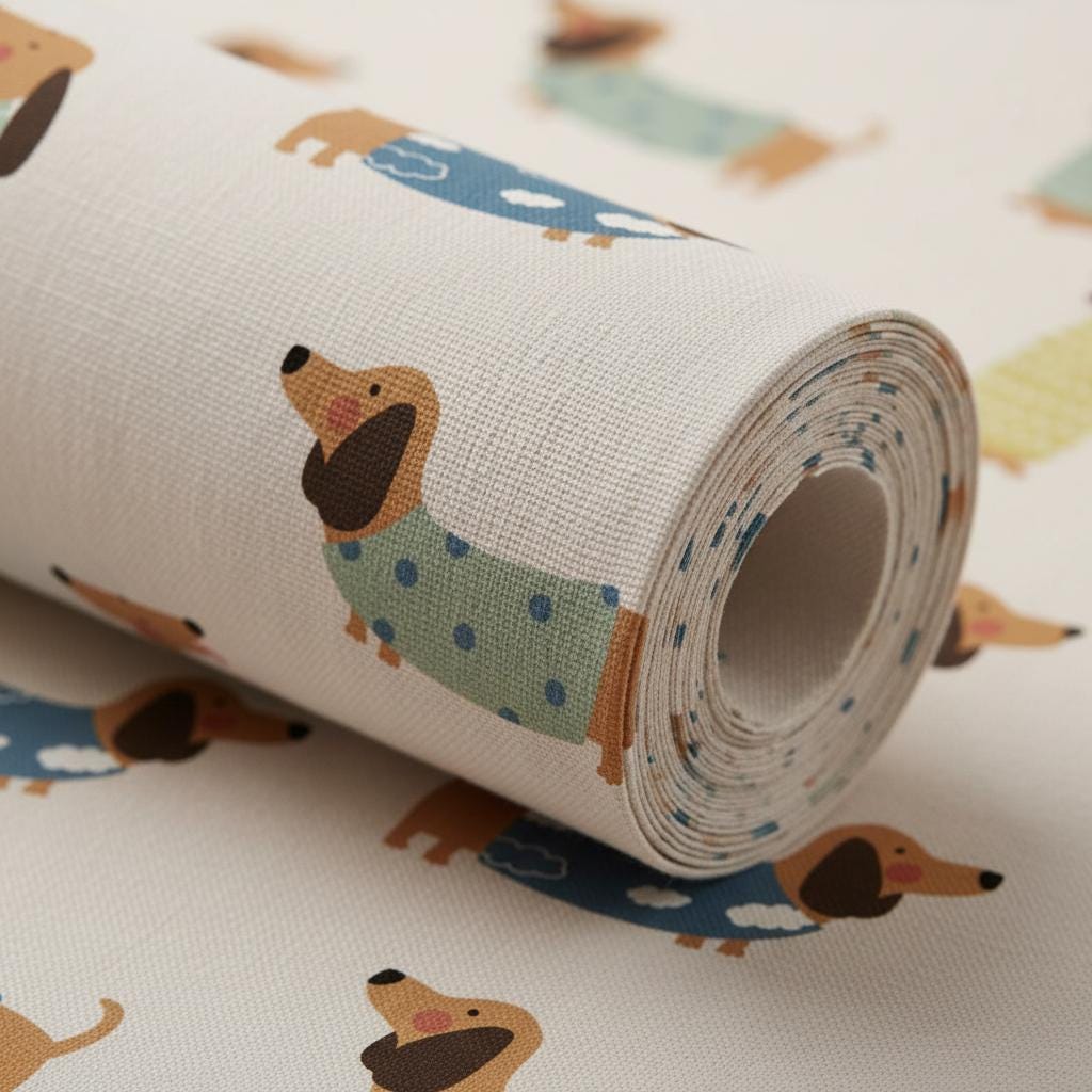 A roll of off-white fabric featuring a repeating pattern of brown dachshunds wearing jumpers. Some dogs wear blue jumpers with white clouds, while others wear light green jumpers with dark blue polka dots, all on a textured surface.