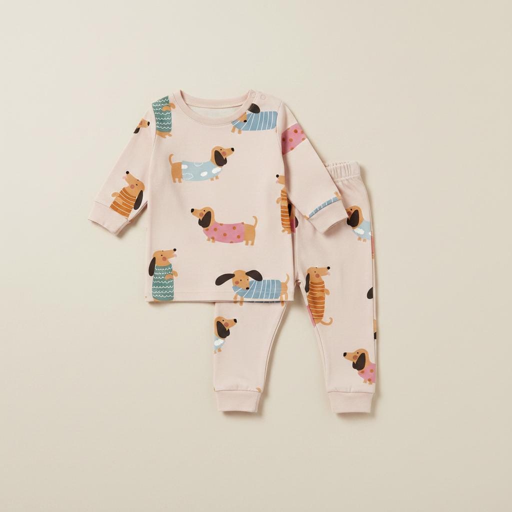A light pink long-sleeve pyjama set featuring a repeating pattern of brown dachshunds wearing various colourful sweaters. The set includes a crew neck top with ribbed cuffs and matching trousers with an elastic waistband and ribbed ankle cuffs.