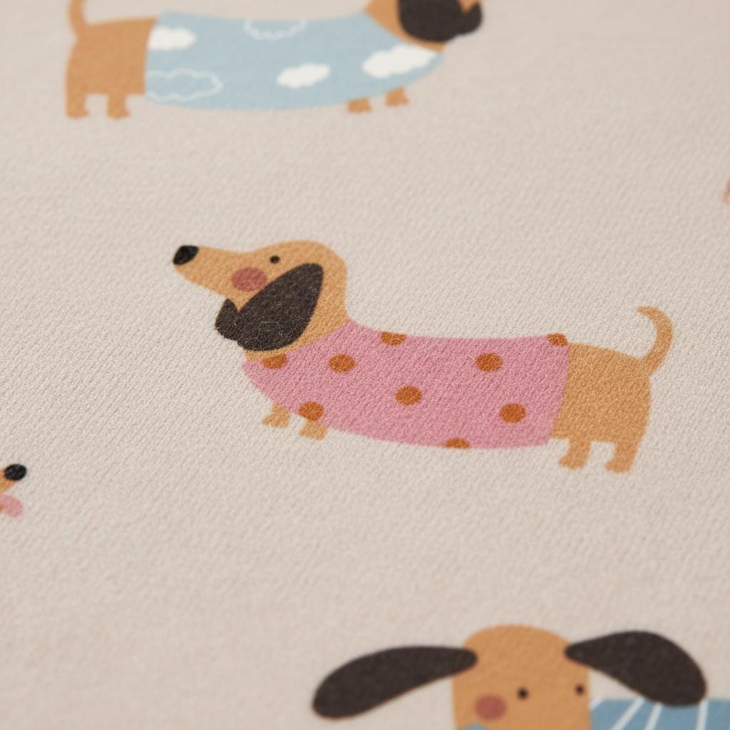 A light beige fabric featuring a repeating pattern of cartoon dachshunds. Some dogs wear light blue sweaters with white clouds, while others wear pink sweaters with brown polka dots. Each dog has tan fur and dark brown ears.