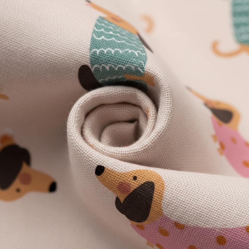 Close-up of soft fabric printed with the Dachshund pattern, folded into a swirl to show sausage dogs in pink and teal jumpers.
