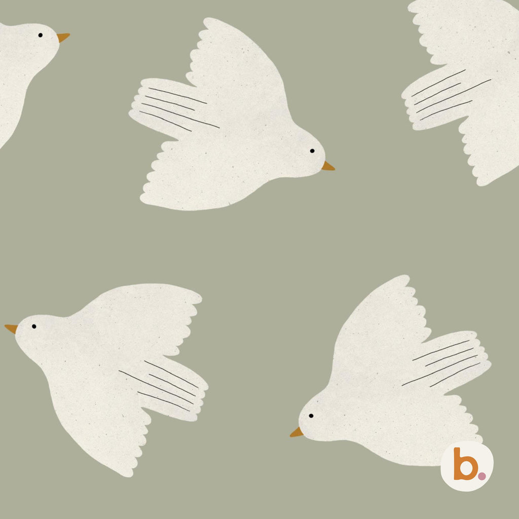 A repeating pattern on a sage green background featuring stylised white birds in flight. Each bird has a simple black dot for an eye, a small orange beak, and thin black lines indicating wing feathers. A small logo with a letter b is visible.