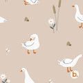 Goose seamless pattern: white geese, daisies, bulrushes and small pebbles on a warm beige background.