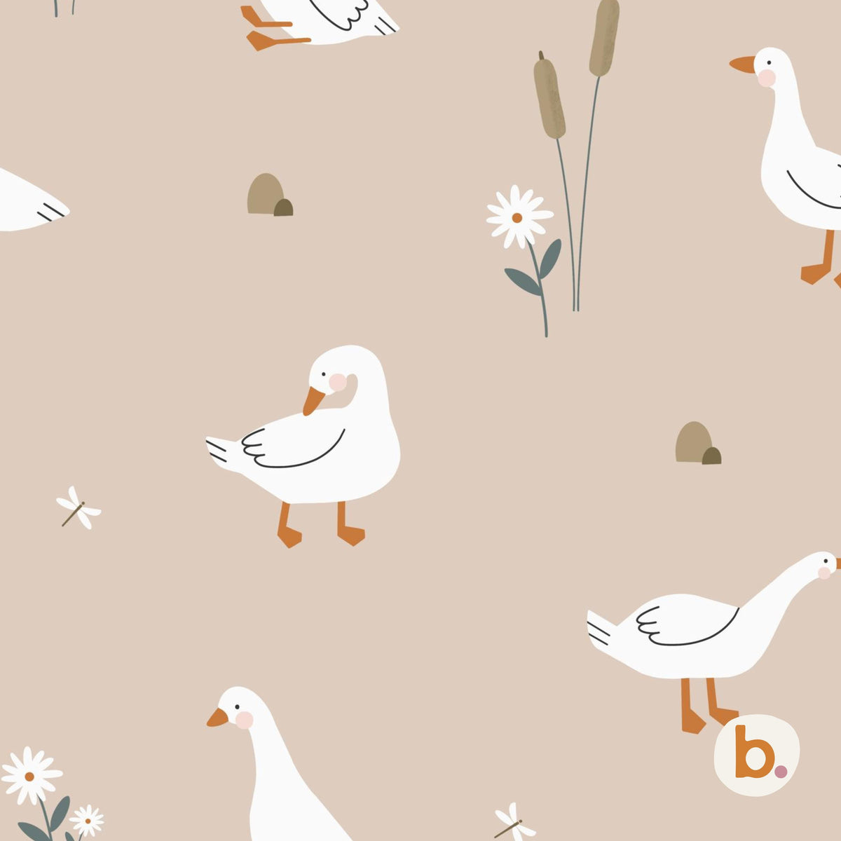 Goose seamless pattern: white geese, daisies, bulrushes and small pebbles on a warm beige background.