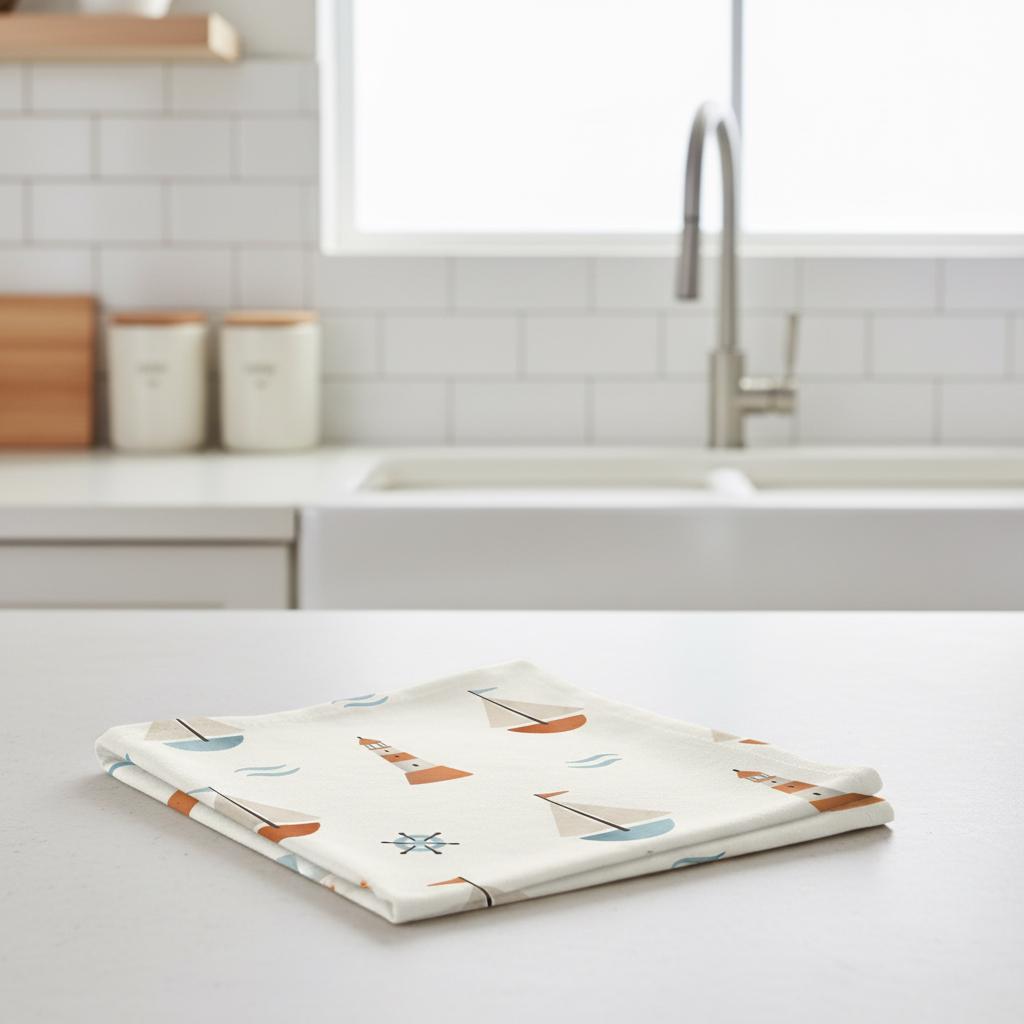 A folded white kitchen towel featuring a repeating pattern of small sailboats, lighthouses, and compass roses in muted shades of blue, orange, and brown. The fabric has a smooth texture and is neatly stacked on a flat surface.