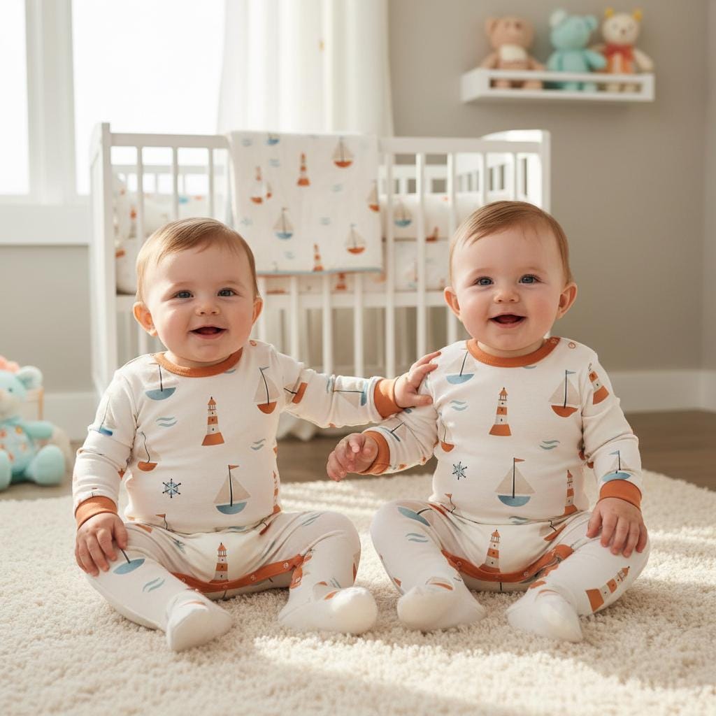 Two infants wearing matching long-sleeve footed pyjamas in an off-white colour featuring a repeating nautical pattern of orange lighthouses, blue sailboats, and small navy blue compass stars with solid orange trim at the neck and cuffs.
