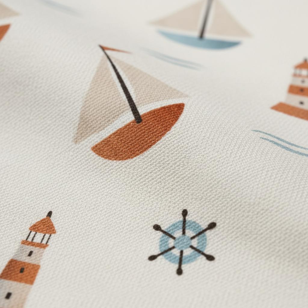 A cream-coloured fabric featuring a repeating nautical pattern. The design includes sailboats with tan sails and orange hulls, striped lighthouses in orange and white, and light blue ship wheels with dark brown spokes on a textured surface.