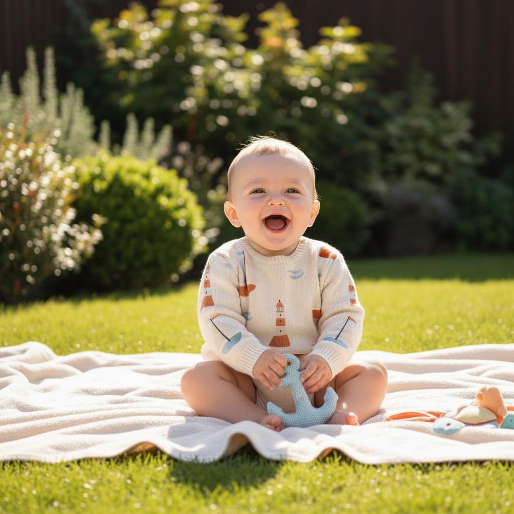 Laughing baby sitting on a blanket in a sunny garden, wearing a cream jumper printed with the Nautical Sailboat pattern.