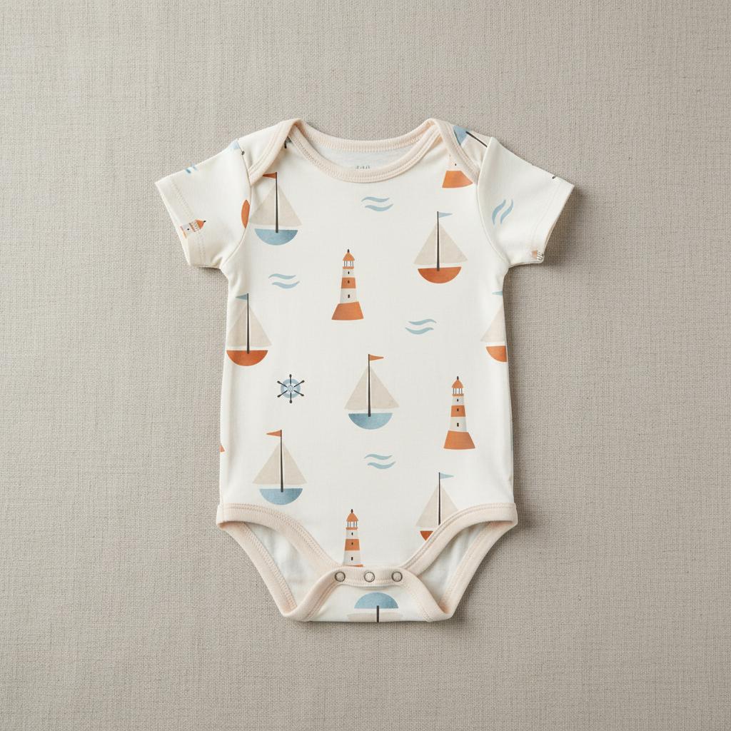 A short-sleeve baby bodysuit in off-white featuring a repeating nautical pattern of orange and blue sailboats, lighthouses, ship wheels, and small wave icons. The garment has a round neckline and three snap closures at the bottom.