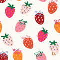 A repeating pattern on a white background featuring stylised strawberries in various colours including red, pink, orange, and pale peach. Each strawberry has a green or coloured stem and small dash-like seeds. A small letter b is visible.