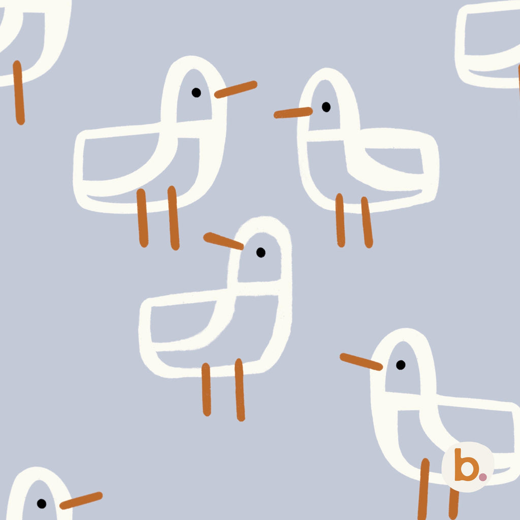 A repeating pattern on a light blue background featuring stylised white birds with orange beaks and legs. Each bird has a simple black dot for an eye. A small white circular logo with the letter b and a pink dot is visible.