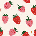 A repeating pattern on a cream background featuring stylised strawberries in shades of red and pink. Each strawberry has a dark green stem and leaf top, with small dots representing seeds scattered across the surface of the fruit.