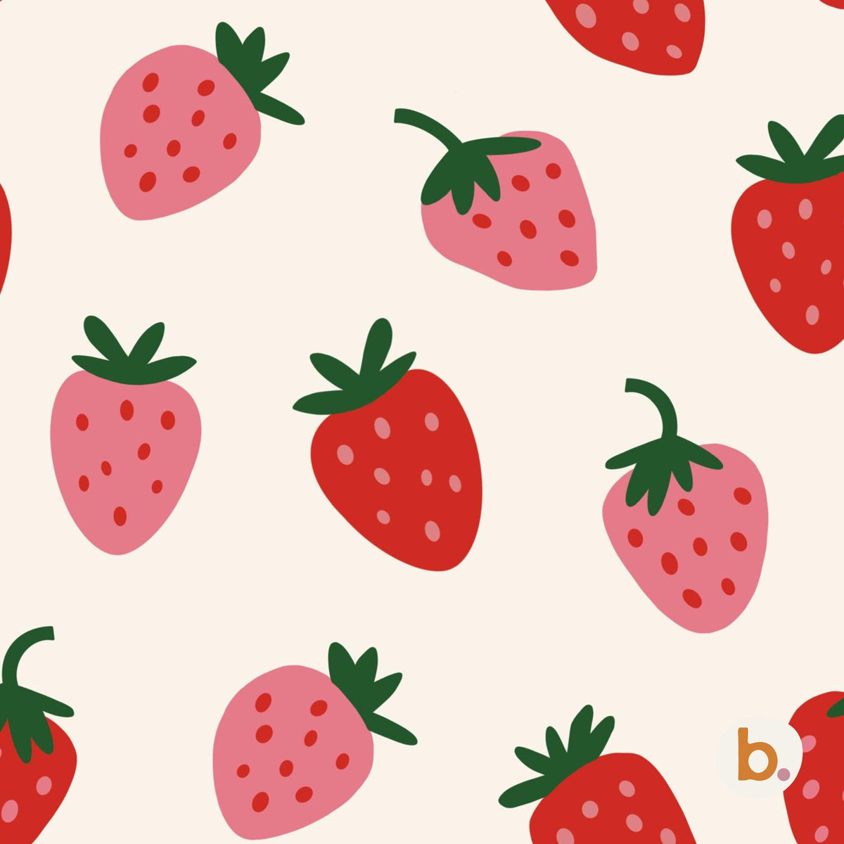 A repeating pattern on a cream background featuring stylised strawberries in shades of red and pink. Each strawberry has a dark green stem and leaf top, with small dots representing seeds scattered across the surface of the fruit.