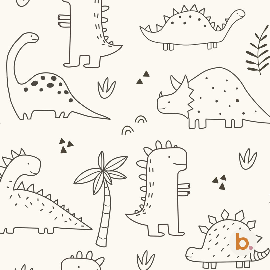 A repeating pattern on a cream background featuring black line drawings of various dinosaurs, including a triceratops and long-necked sauropods, interspersed with small palm trees, triangles, and arches, with a small logo in the corner.