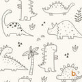 A repeating pattern on a cream background featuring black line drawings of various dinosaurs, including a triceratops and long-necked sauropods, interspersed with small palm trees, triangles, and arches, with a small logo in the corner.