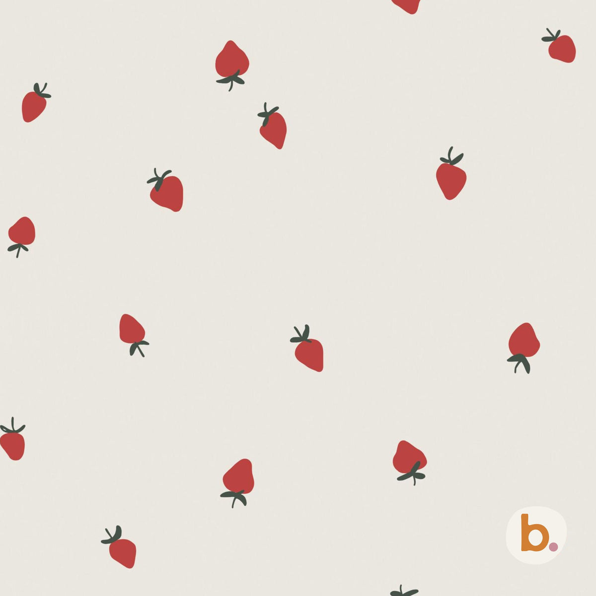 Minimal Strawberry seamless pattern: small red strawberries with green tops spaced on a soft off-white background.