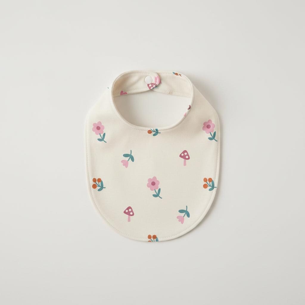 A cream-coloured baby bib featuring a repeating pattern of small pink flowers, teal leaves, red berries, and pink mushrooms with white spots. The bib has a rounded shape and a single snap button closure at the top for secure fastening.