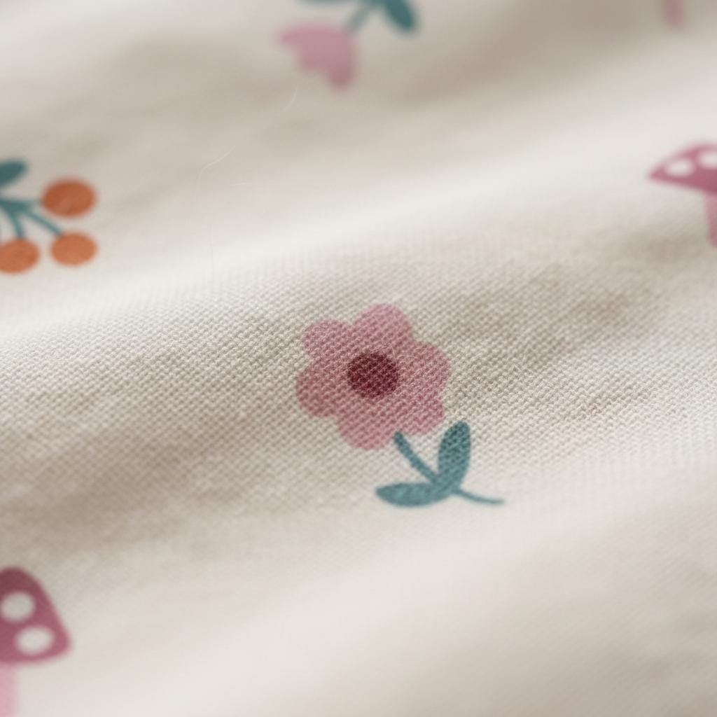 A light beige fabric featuring a repeating pattern of small pink flowers with dark centres and teal stems, orange berry clusters, and pink mushroom shapes. The textile has a visible woven texture with soft folds across the surface.