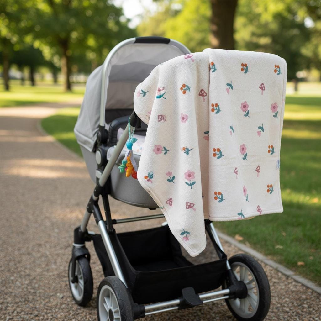 A light-coloured baby pushchair featuring a silver frame and a grey canopy, draped with a cream-coloured blanket patterned with small pink flowers, orange berries, and brown mushrooms, with a small colourful toy attached to the handle.