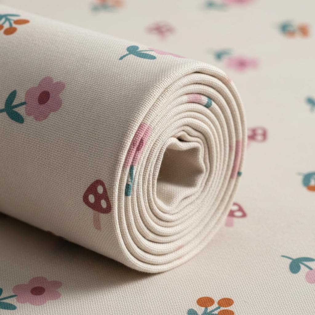 A roll of off-white fabric featuring a repeating pattern of small pink flowers, dark teal stems, brown berries, and reddish-brown mushrooms with white spots. The textile has a visible woven texture and is tightly coiled into a cylinder.