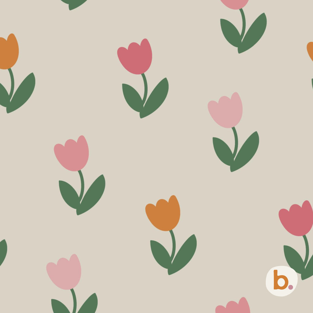 Spring Tulip seamless pattern: pink, rose and orange tulips with green leaves on a warm grey background.